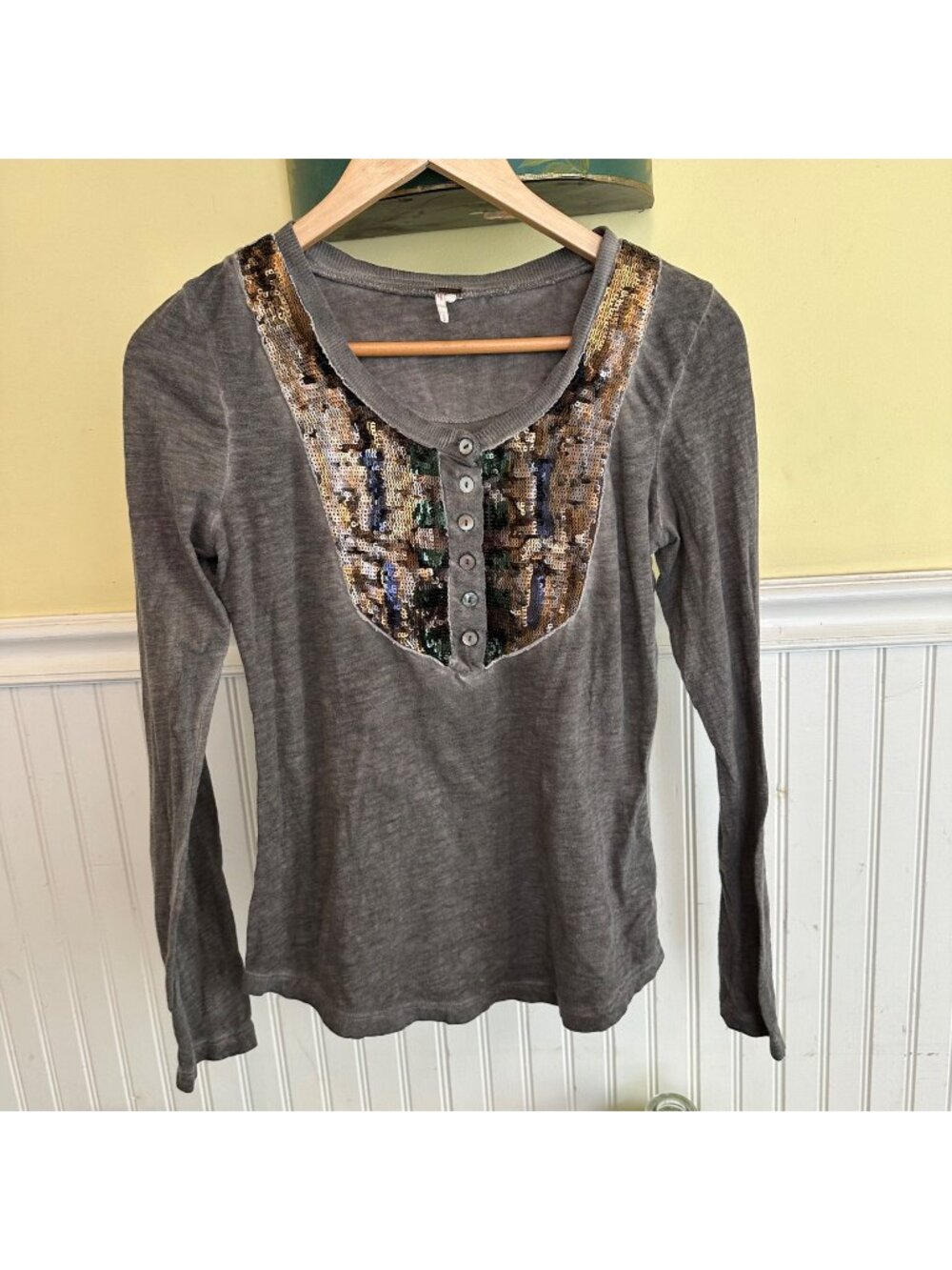 Free People Gray Long Sleeve Sequin Button-Down Womens Top